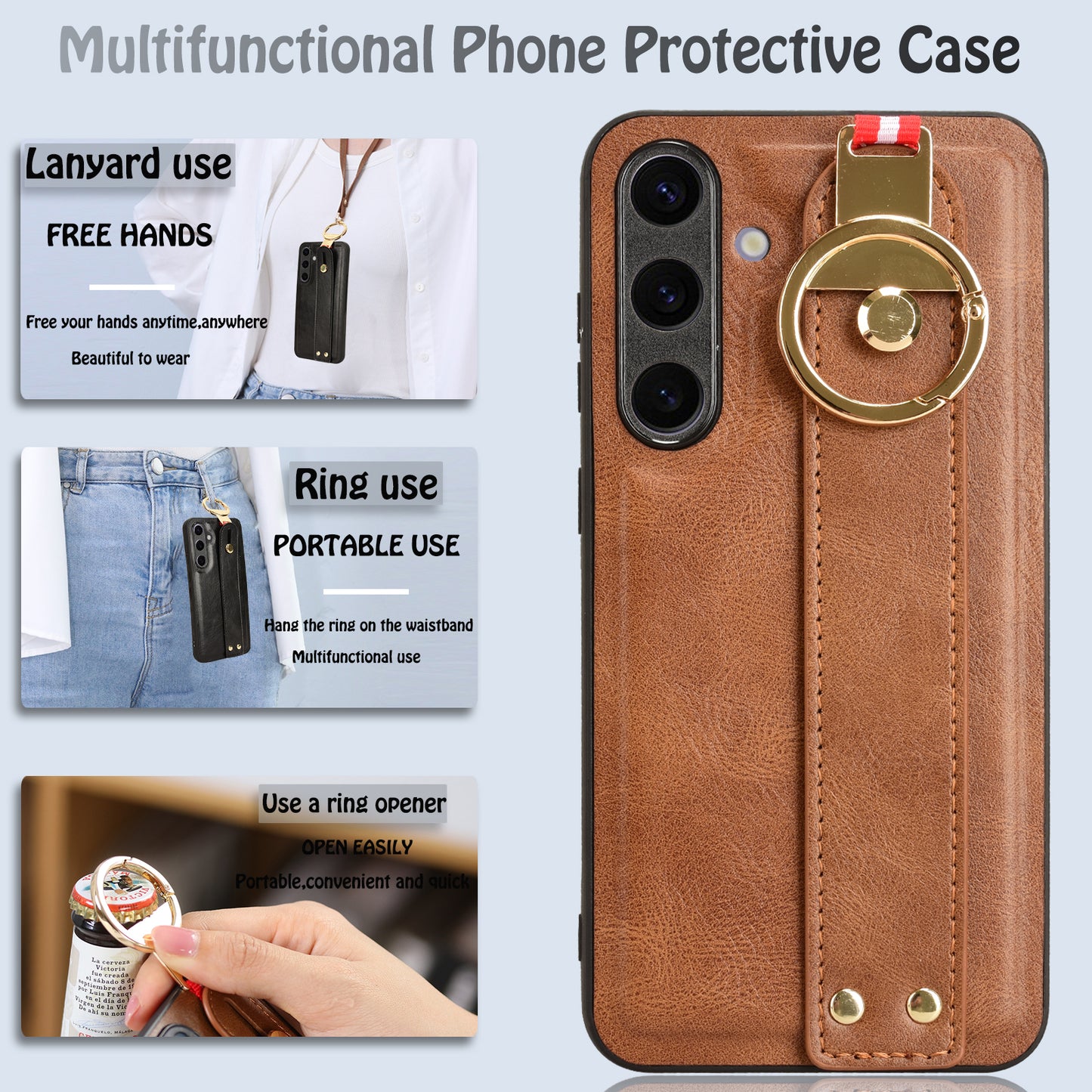 For Samsung Galaxy S24 Case PU Leather+PC+TPU Shockproof Bottle Opener Cover - Brown