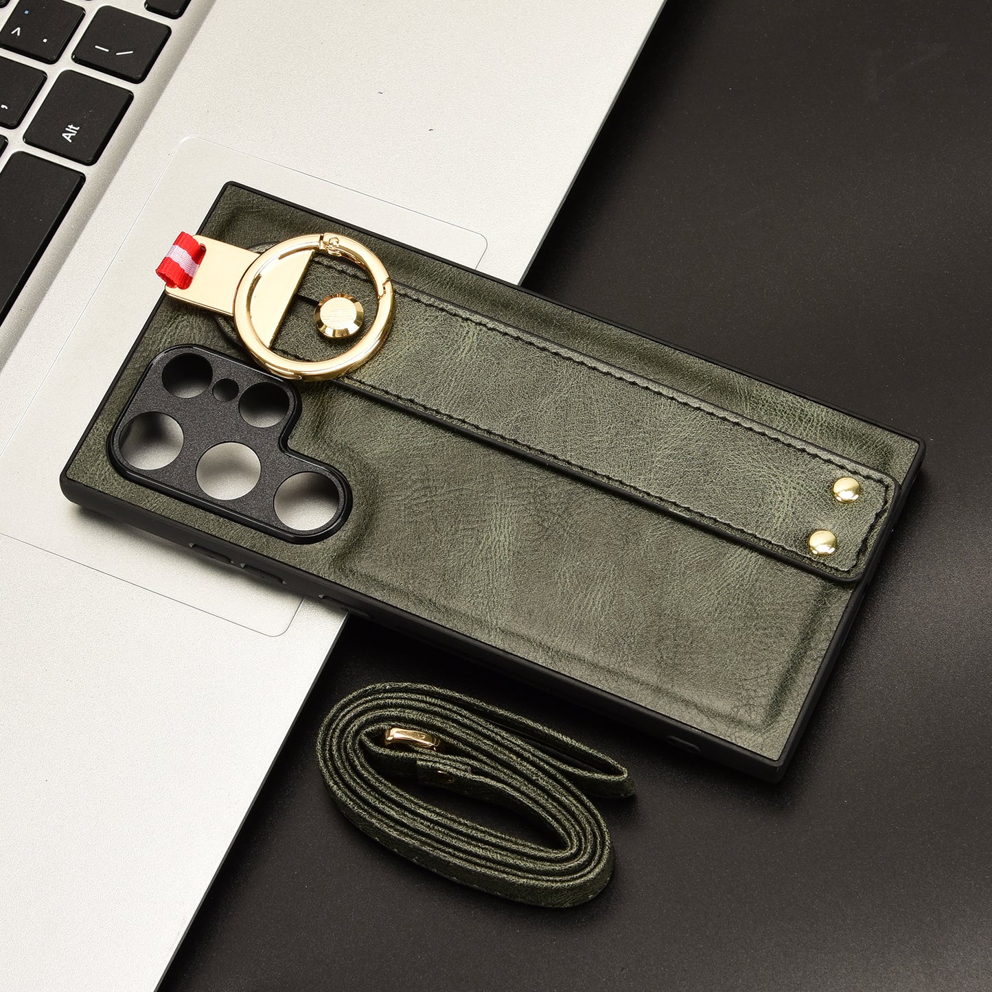 For Samsung Galaxy S24 Ultra Case Slim-Fit PU Leather+PC+TPU Back Shell with Neck Strap - Green