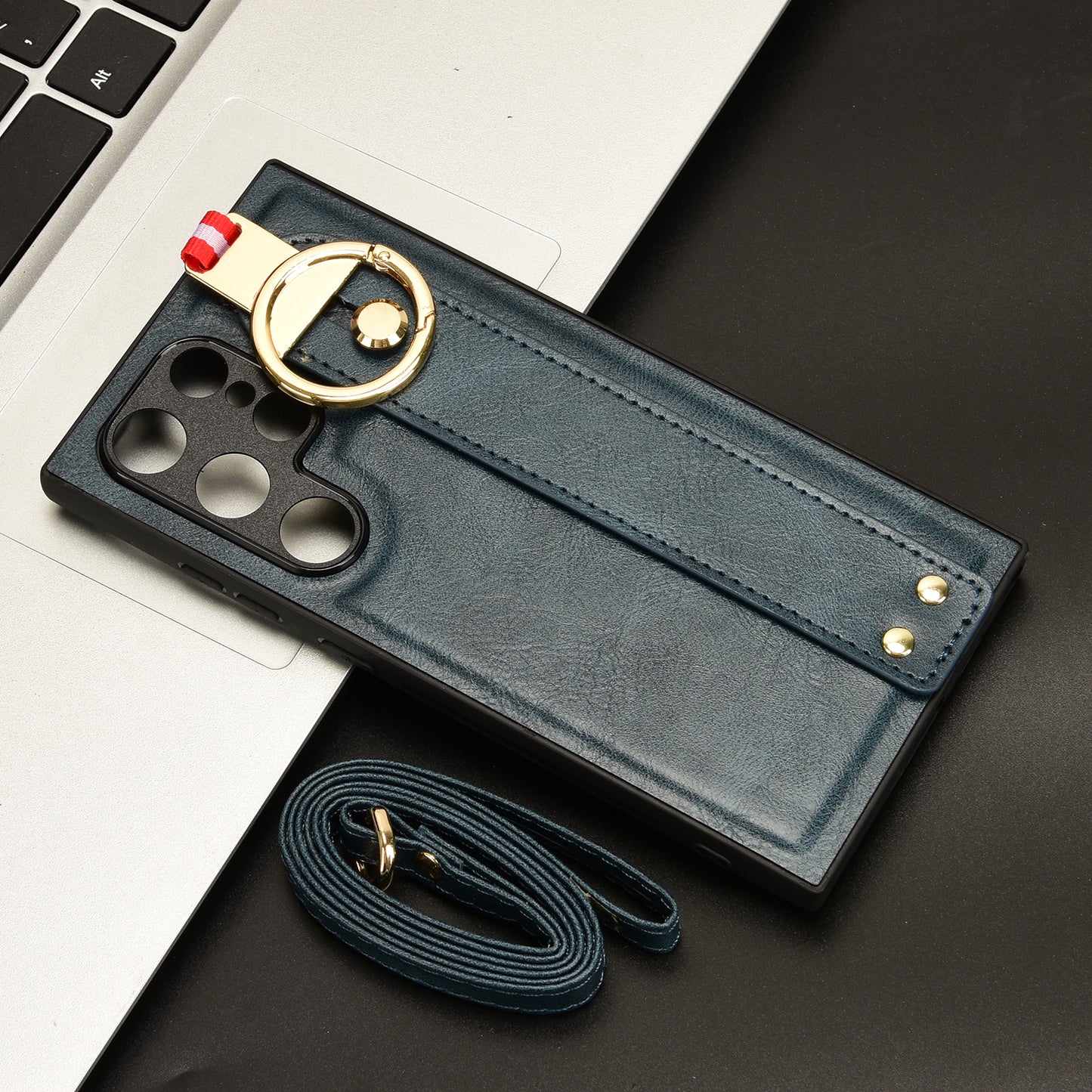 For Samsung Galaxy S24 Ultra Case Slim-Fit PU Leather+PC+TPU Back Shell with Neck Strap - Blue