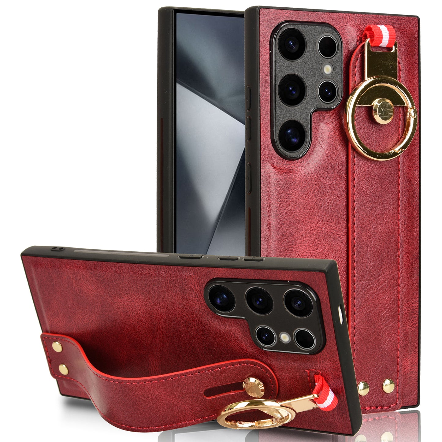 For Samsung Galaxy S24 Ultra Case Slim-Fit PU Leather+PC+TPU Back Shell with Neck Strap - Red