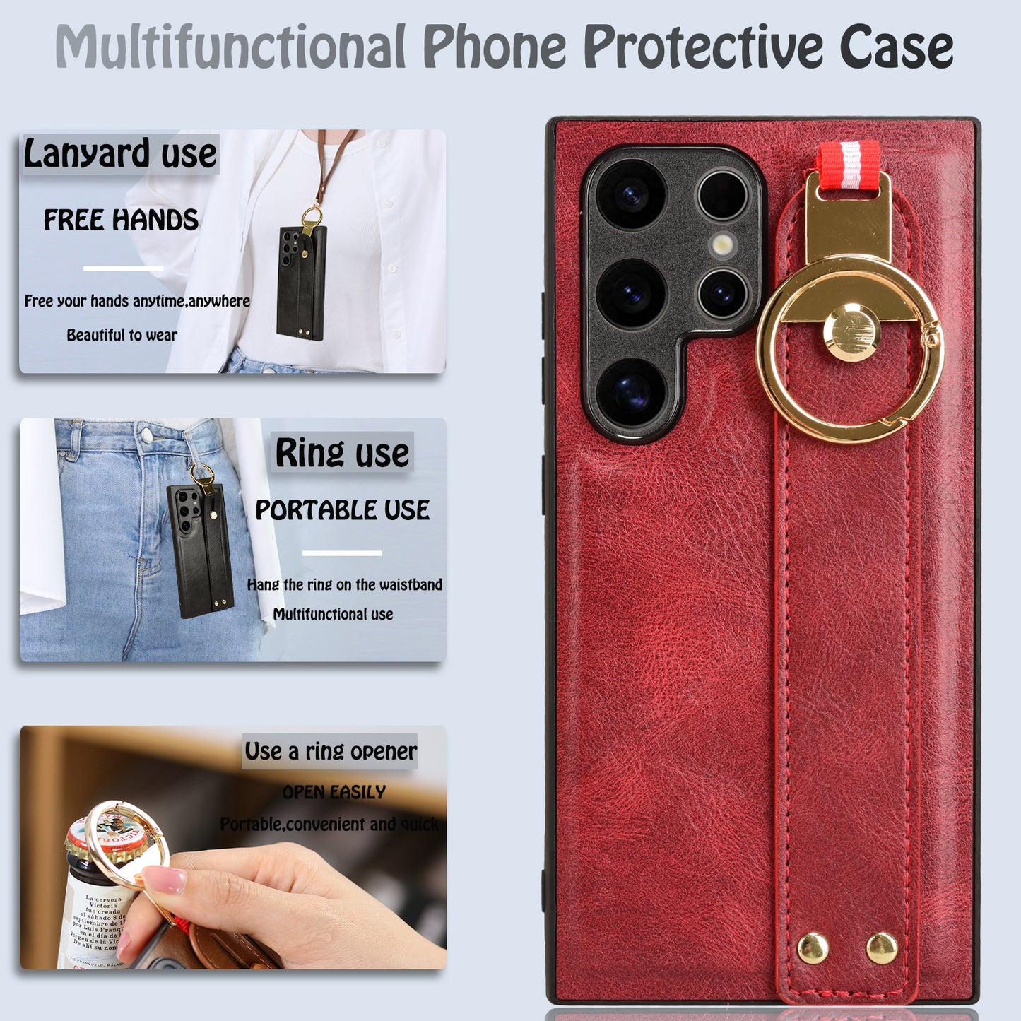 For Samsung Galaxy S24 Ultra Case Slim-Fit PU Leather+PC+TPU Back Shell with Neck Strap - Red
