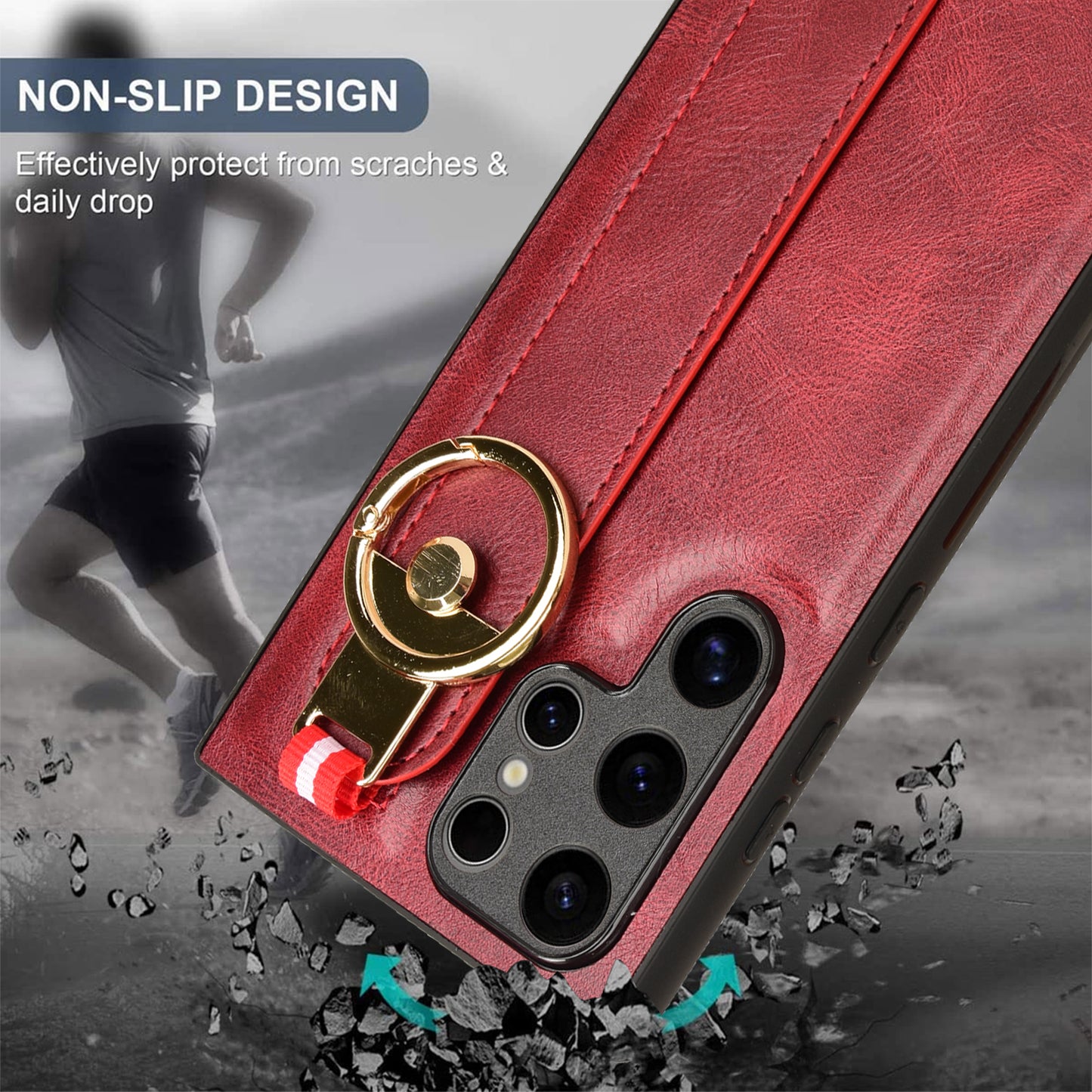 For Samsung Galaxy S24 Ultra Case Slim-Fit PU Leather+PC+TPU Back Shell with Neck Strap - Red