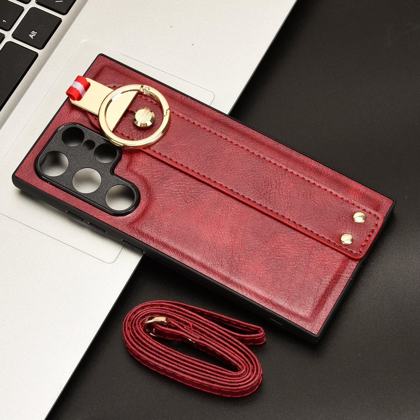For Samsung Galaxy S24 Ultra Case Slim-Fit PU Leather+PC+TPU Back Shell with Neck Strap - Red