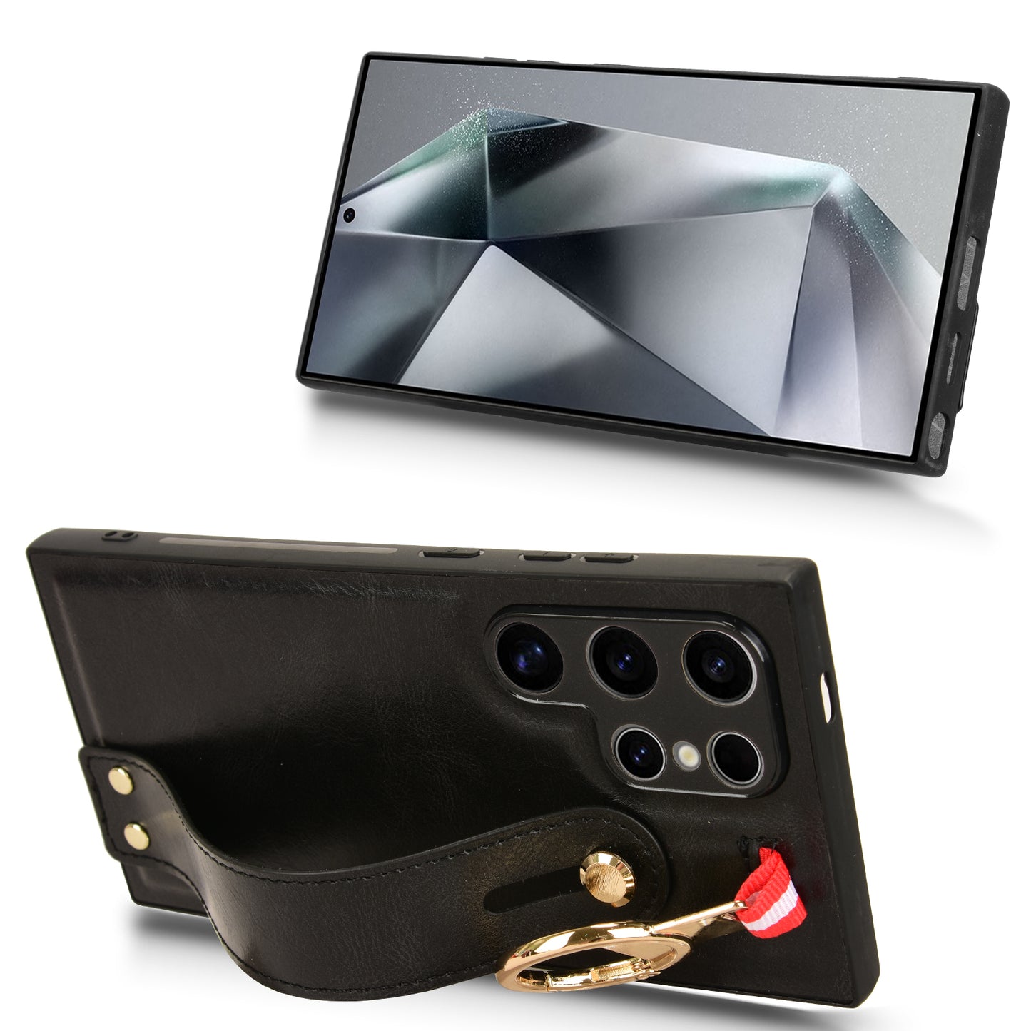 For Samsung Galaxy S24 Ultra Case Slim-Fit PU Leather+PC+TPU Back Shell with Neck Strap - Black