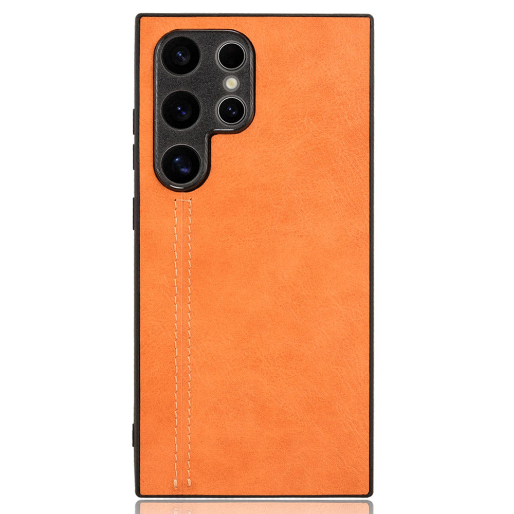 For Samsung Galaxy S24 Ultra Case PU Leather Coated PC+TPU Stitching Line Smart Phone Cover - Orange
