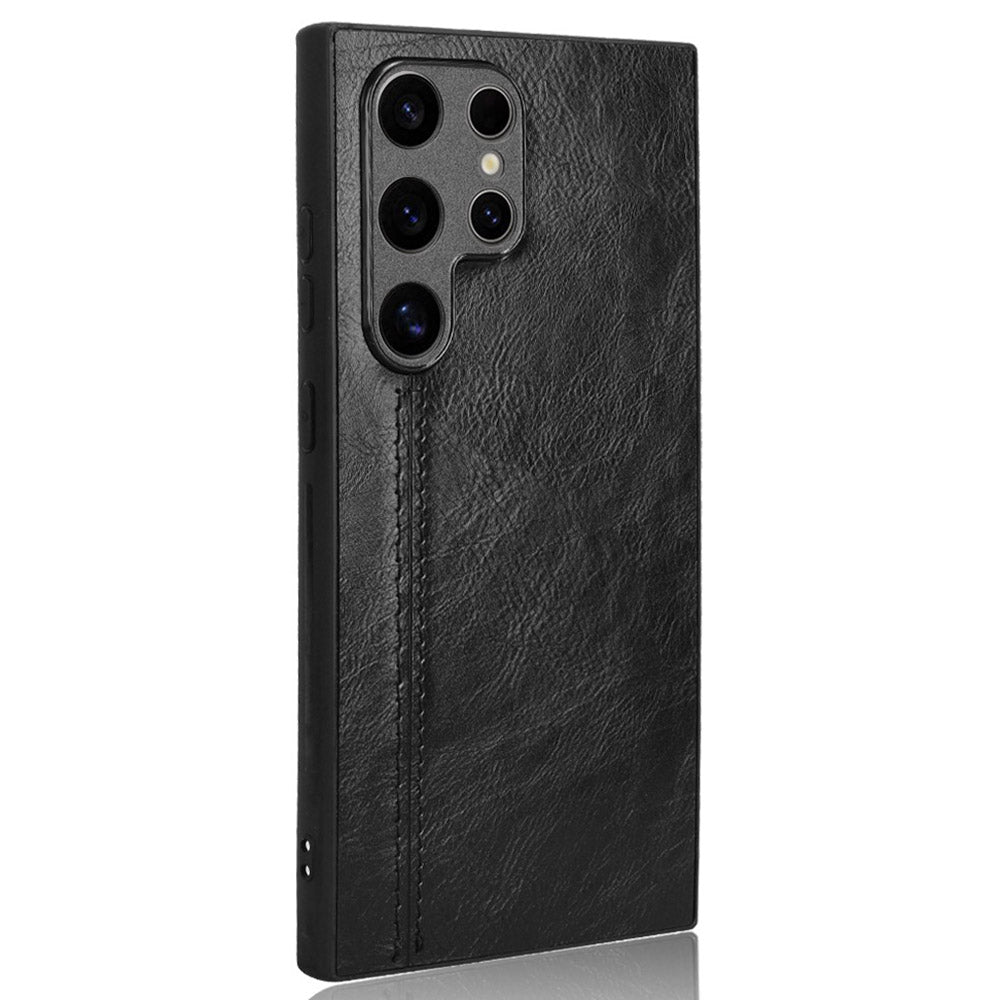 For Samsung Galaxy S24 Ultra Case PU Leather Coated PC+TPU Stitching Line Smart Phone Cover - Black