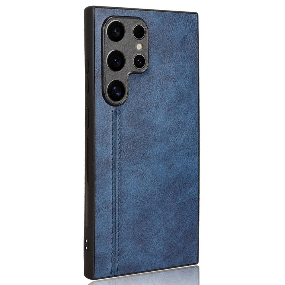 For Samsung Galaxy S24 Ultra Case PU Leather Coated PC+TPU Stitching Line Smart Phone Cover - Blue