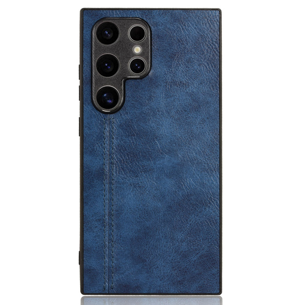 For Samsung Galaxy S24 Ultra Case PU Leather Coated PC+TPU Stitching Line Smart Phone Cover - Blue