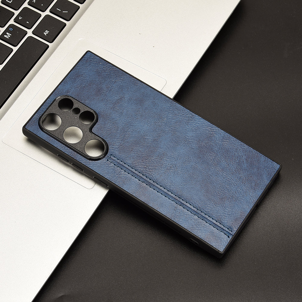 For Samsung Galaxy S24 Ultra Case PU Leather Coated PC+TPU Stitching Line Smart Phone Cover - Blue