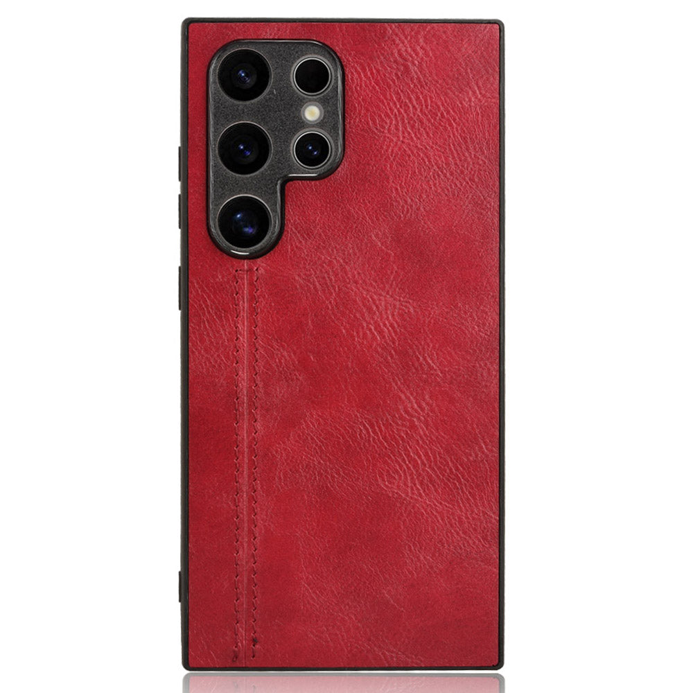 For Samsung Galaxy S24 Ultra Case PU Leather Coated PC+TPU Stitching Line Smart Phone Cover - Red