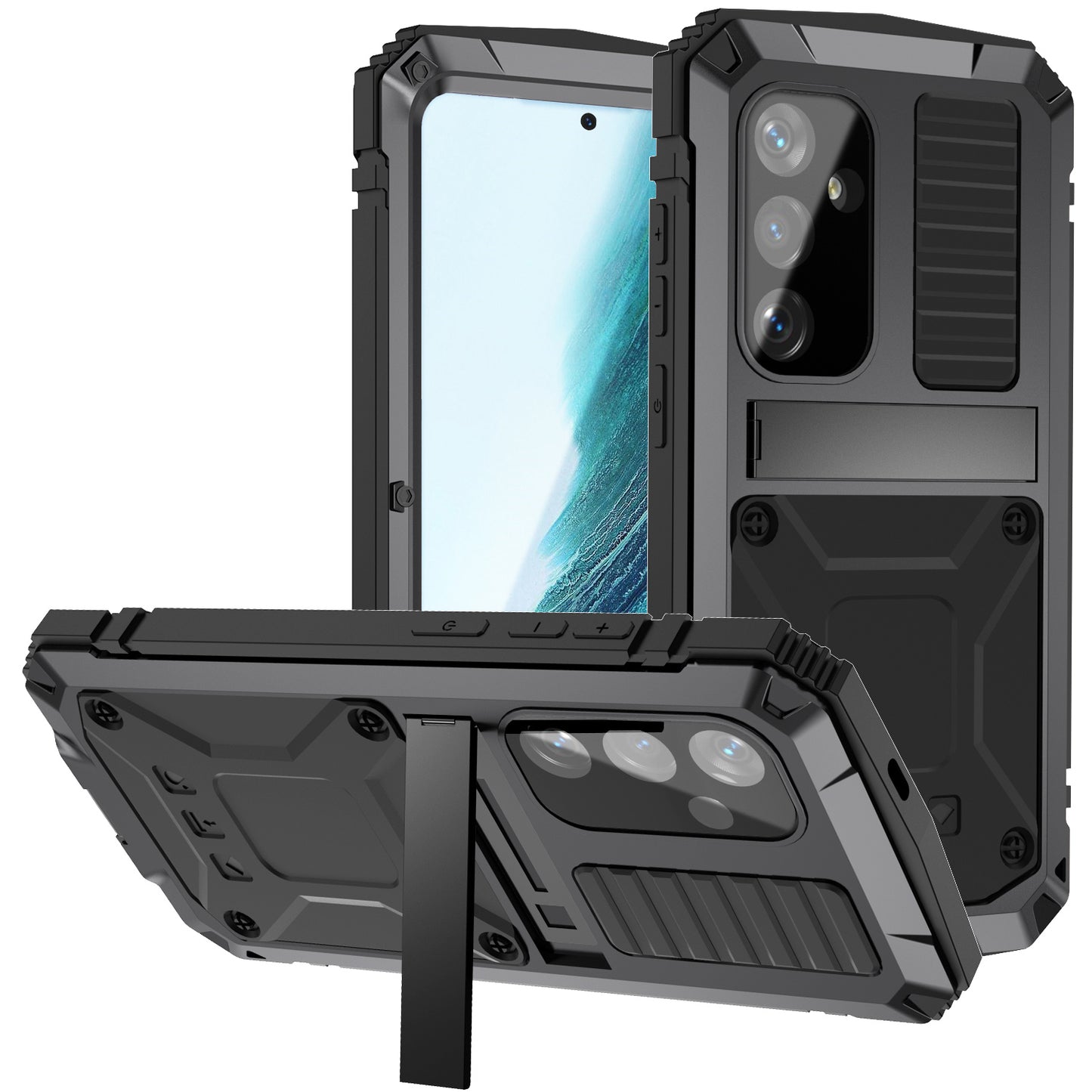 R-JUST For Samsung Galaxy S24+ Phone Case Kickstand Cover Built-in Tempered Glass Screen Protector - Black