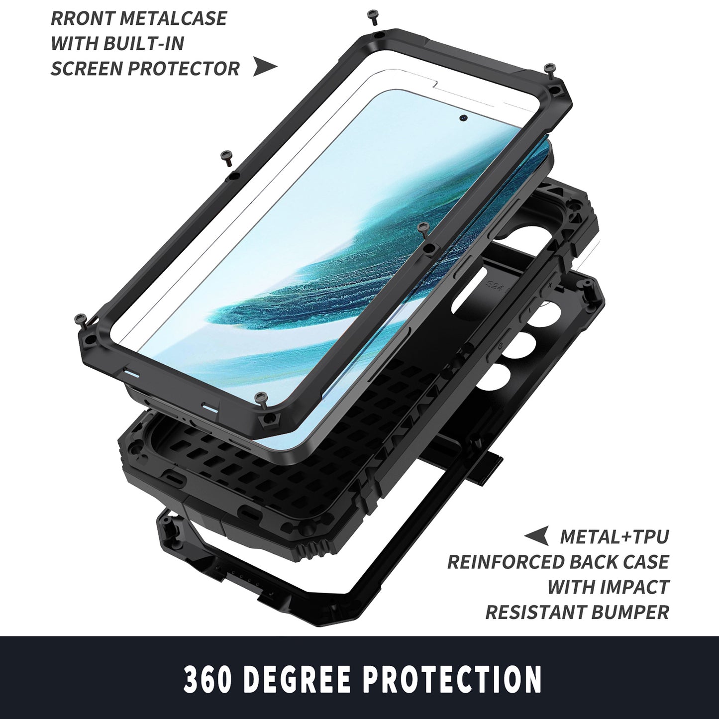 R-JUST For Samsung Galaxy S24+ Phone Case Kickstand Cover Built-in Tempered Glass Screen Protector - Black