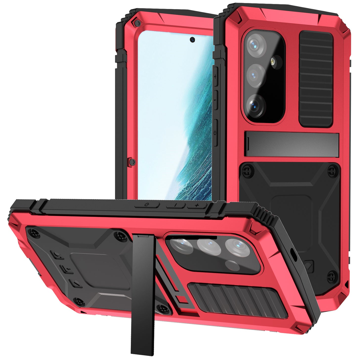 R-JUST For Samsung Galaxy S24+ Phone Case Kickstand Cover Built-in Tempered Glass Screen Protector - Red