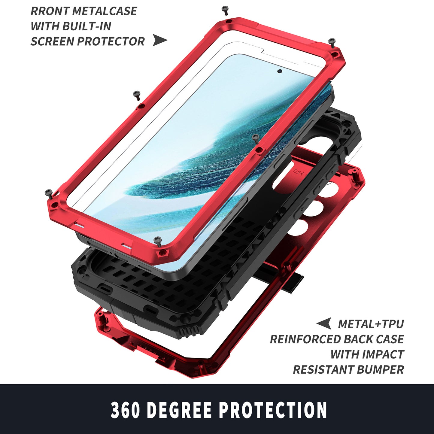 R-JUST For Samsung Galaxy S24+ Phone Case Kickstand Cover Built-in Tempered Glass Screen Protector - Red