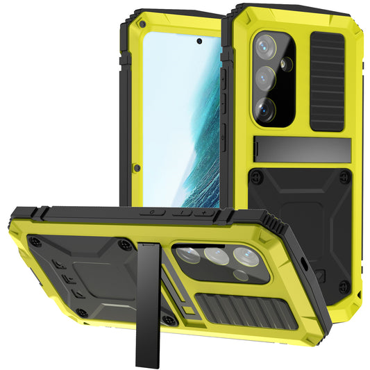 R-JUST For Samsung Galaxy S24+ Phone Case Kickstand Cover Built-in Tempered Glass Screen Protector - Yellow