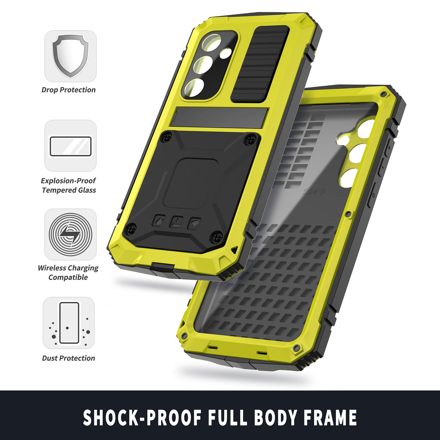 R-JUST For Samsung Galaxy S24+ Phone Case Kickstand Cover Built-in Tempered Glass Screen Protector - Yellow