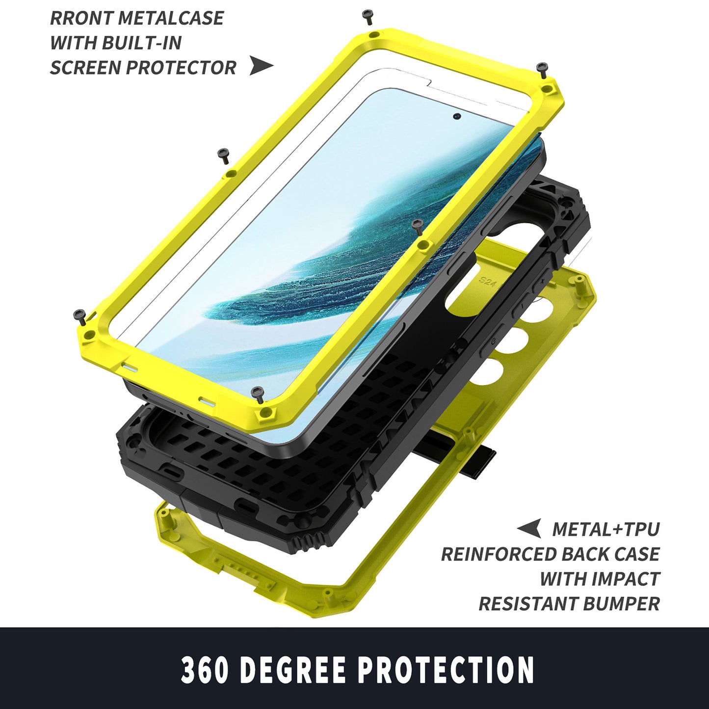 R-JUST For Samsung Galaxy S24+ Phone Case Kickstand Cover Built-in Tempered Glass Screen Protector - Yellow
