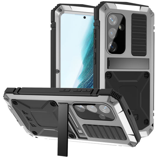 R-JUST For Samsung Galaxy S24+ Phone Case Kickstand Cover Built-in Tempered Glass Screen Protector - Silver