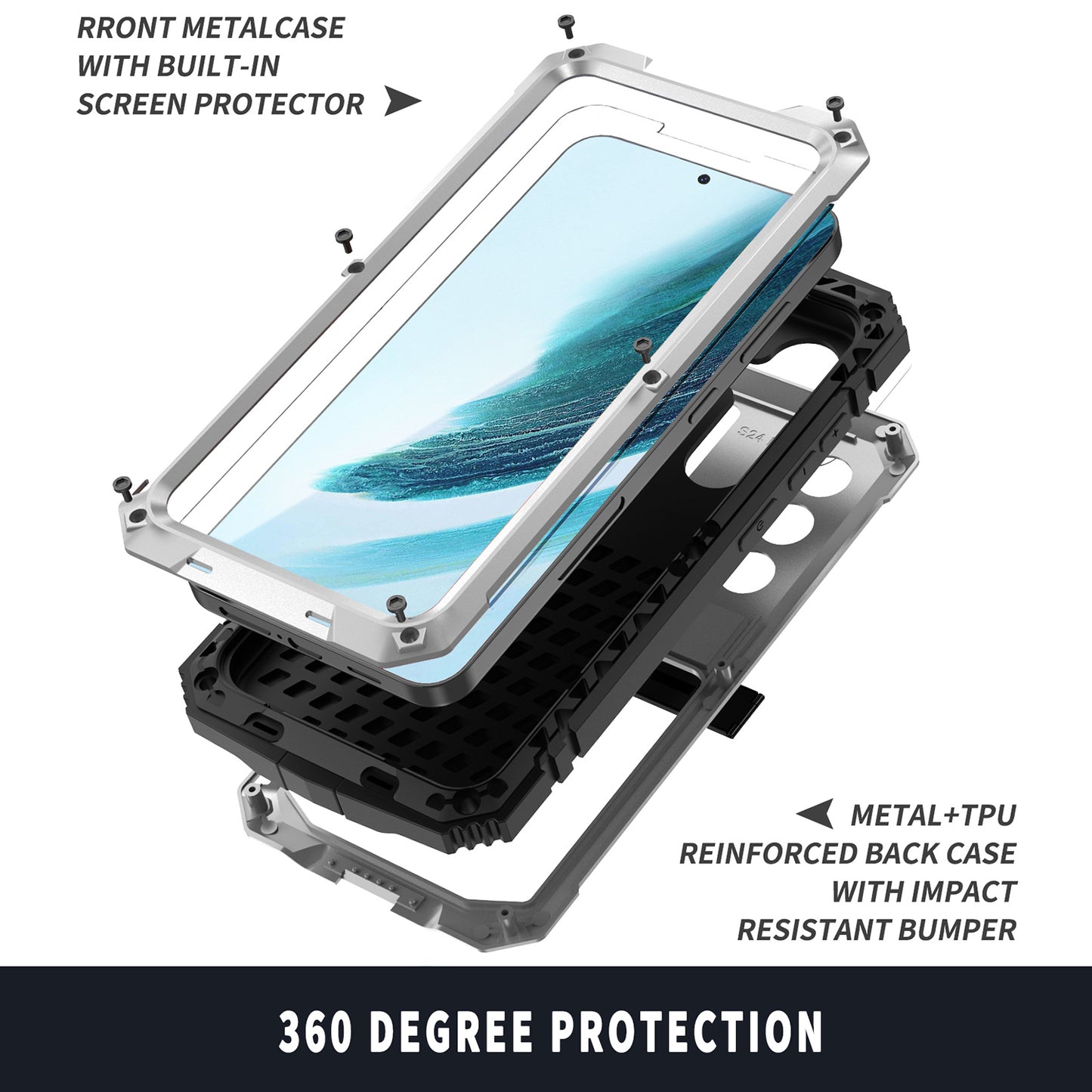 R-JUST For Samsung Galaxy S24+ Phone Case Kickstand Cover Built-in Tempered Glass Screen Protector - Silver