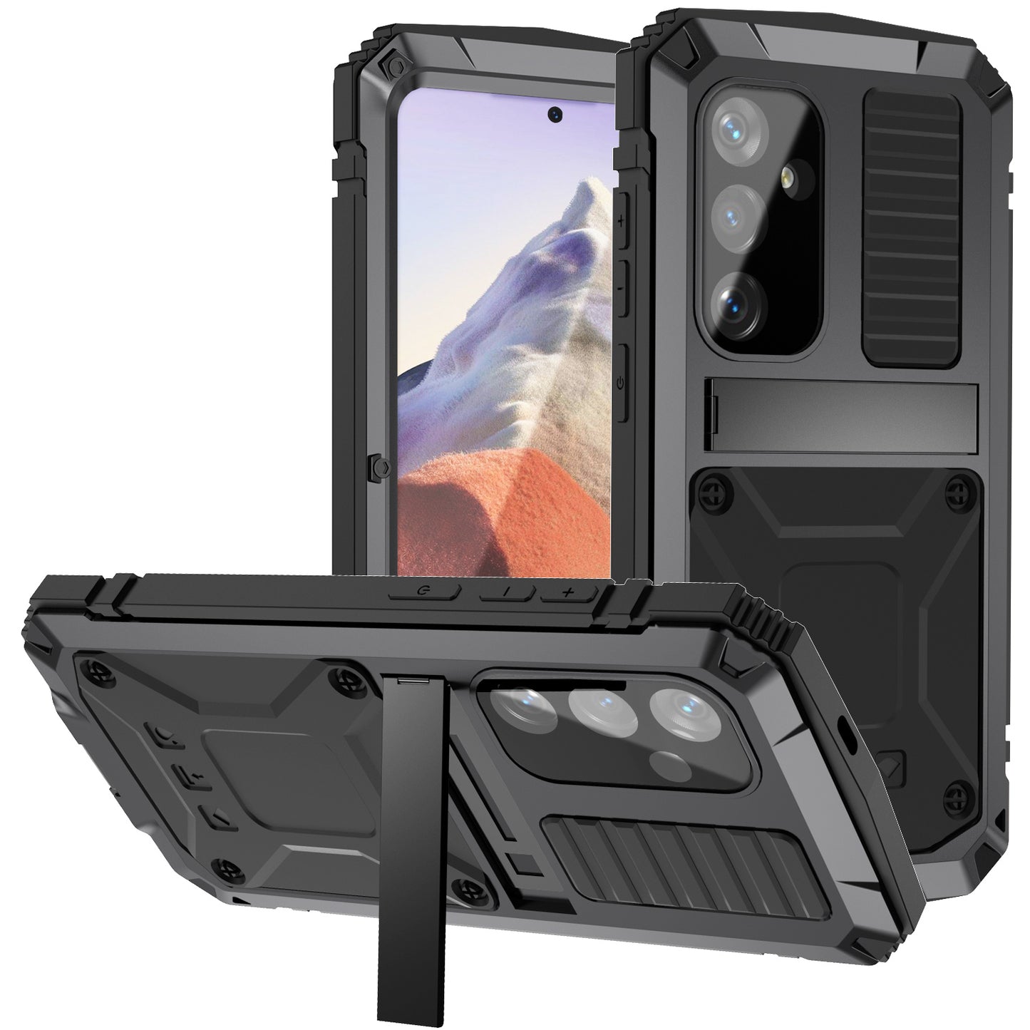 R-JUST For Samsung Galaxy S24 Kickstand Phone Case Shockproof Tough Armour PC+Silicone+Metal Cover - Black