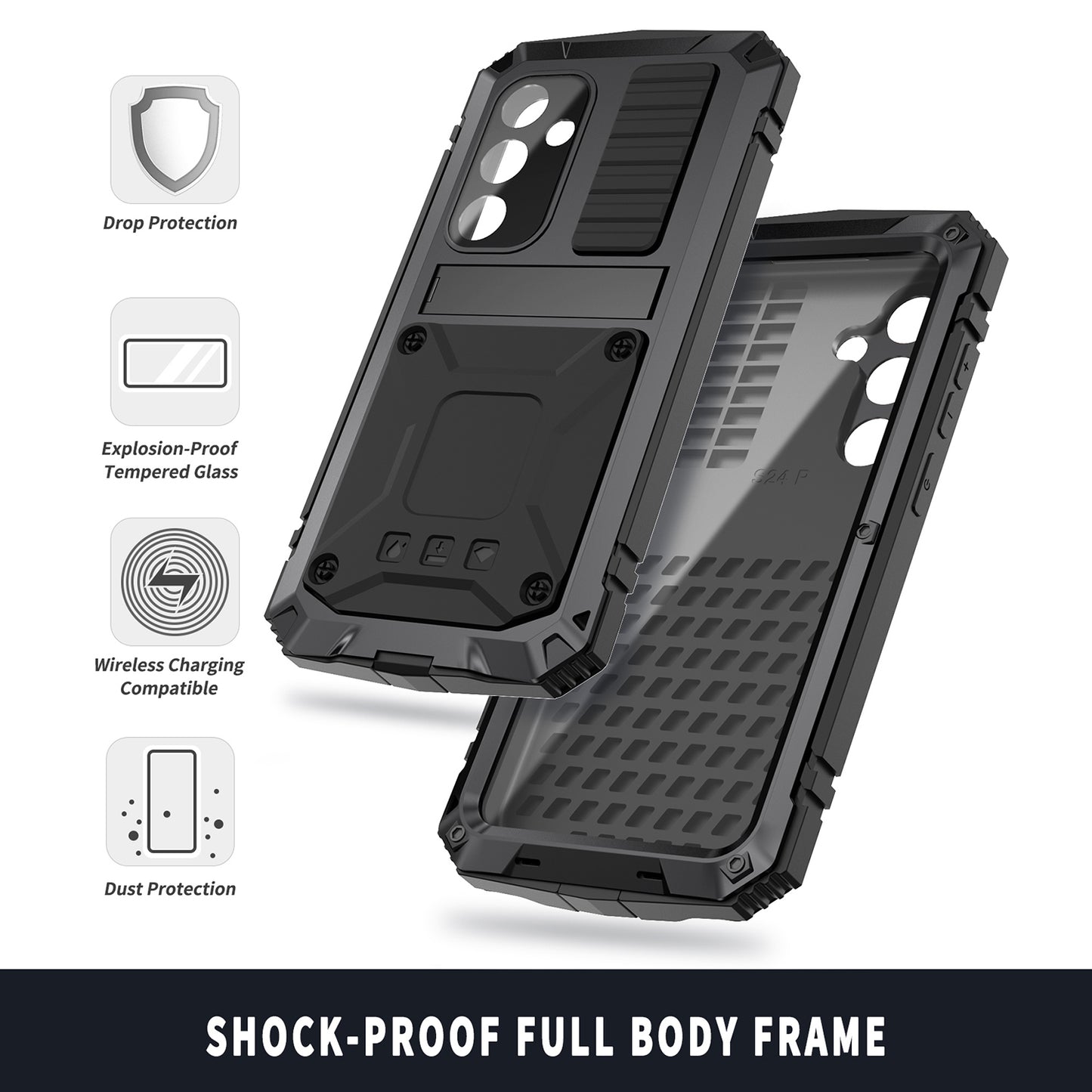 R-JUST For Samsung Galaxy S24 Kickstand Phone Case Shockproof Tough Armour PC+Silicone+Metal Cover - Black