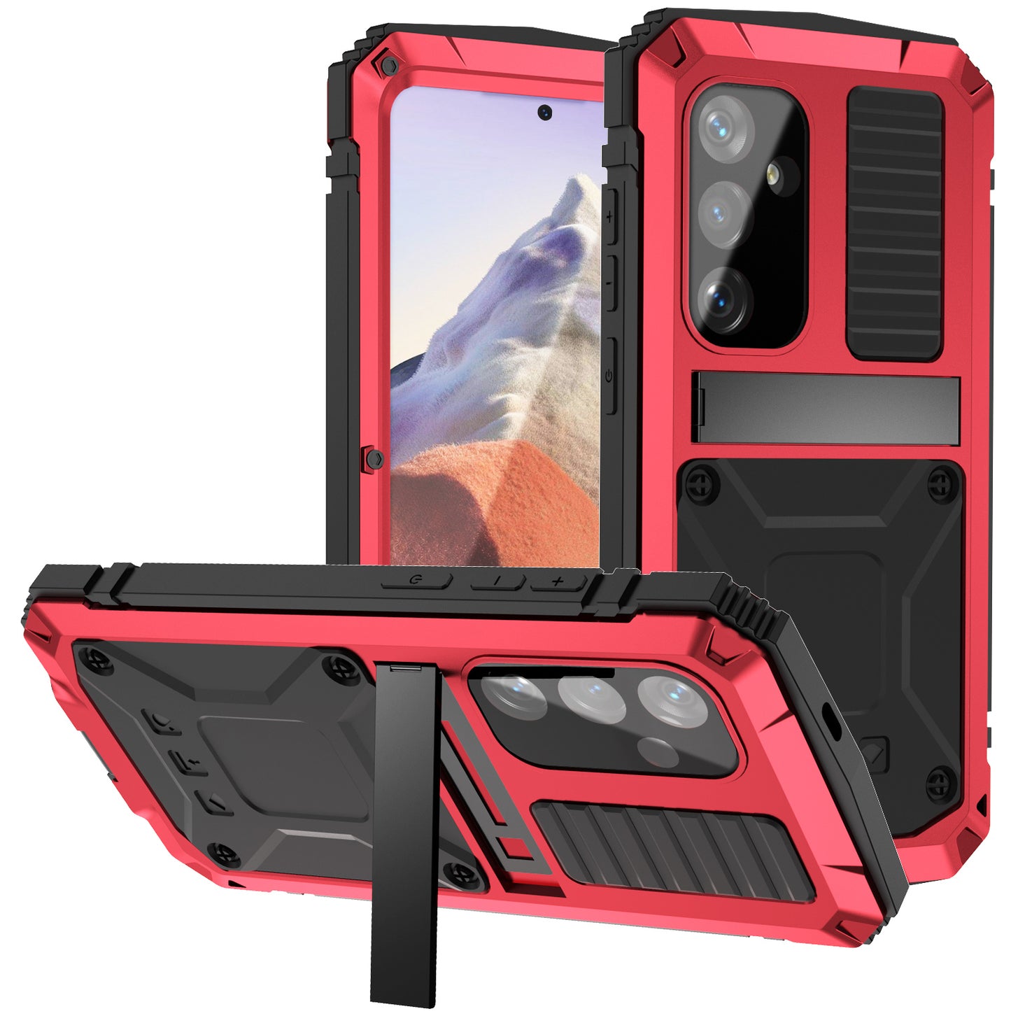 R-JUST For Samsung Galaxy S24 Kickstand Phone Case Shockproof Tough Armour PC+Silicone+Metal Cover - Red