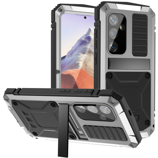 R-JUST For Samsung Galaxy S24 Kickstand Phone Case Shockproof Tough Armour PC+Silicone+Metal Cover - Silver