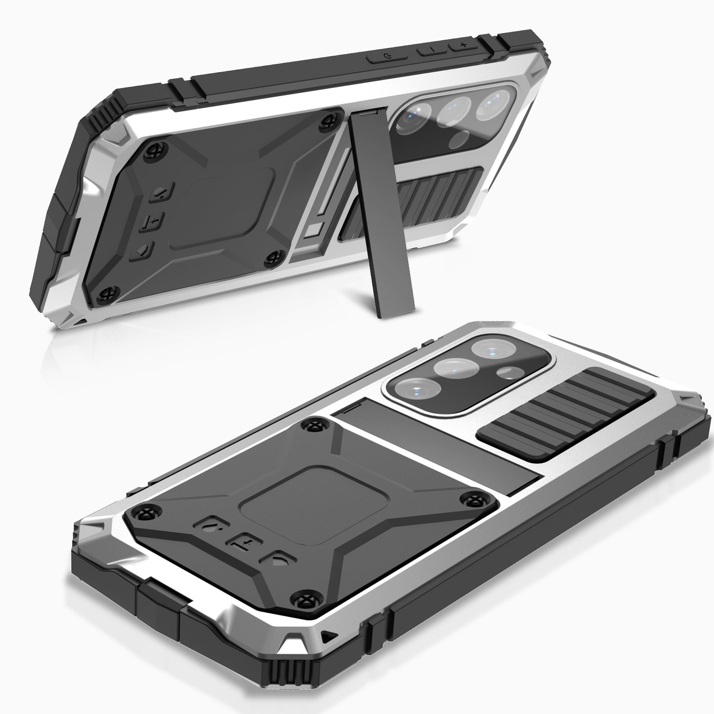 R-JUST For Samsung Galaxy S24 Kickstand Phone Case Shockproof Tough Armour PC+Silicone+Metal Cover - Silver