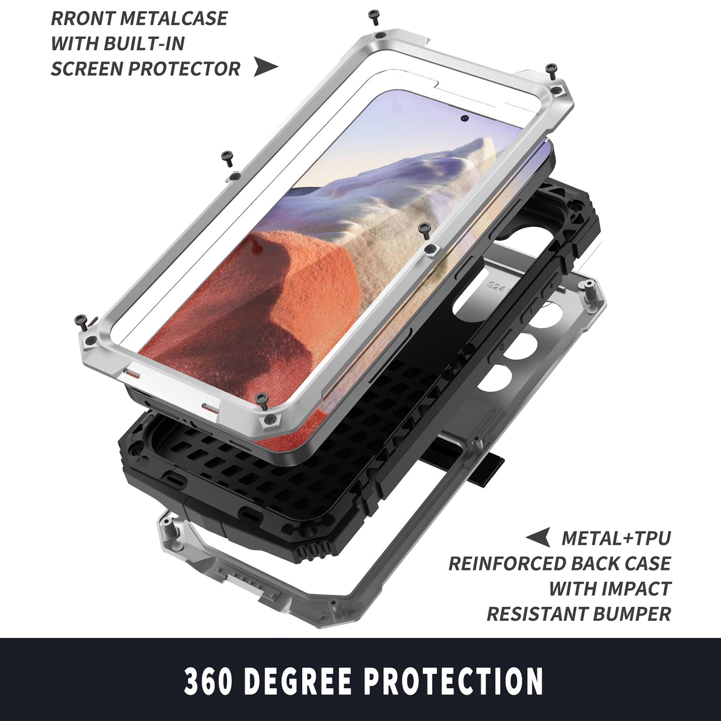 R-JUST For Samsung Galaxy S24 Kickstand Phone Case Shockproof Tough Armour PC+Silicone+Metal Cover - Silver