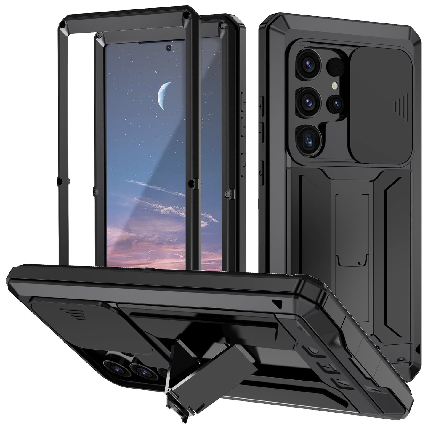 R-JUST For Samsung Galaxy S24 Ultra Case PC+Silicone+Metal Back Cover with Tempered Glass Film - Black