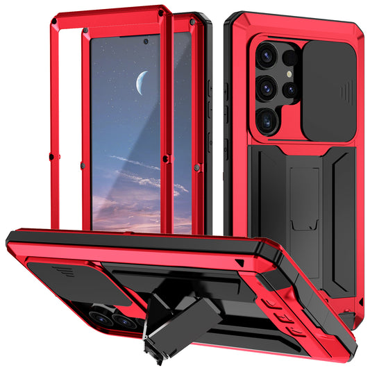 R-JUST For Samsung Galaxy S24 Ultra Case PC+Silicone+Metal Back Cover with Tempered Glass Film - Red