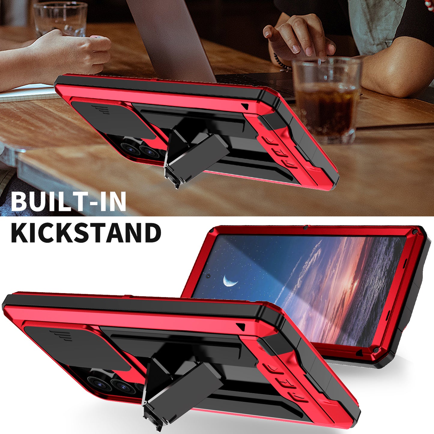 R-JUST For Samsung Galaxy S24 Ultra Case PC+Silicone+Metal Back Cover with Tempered Glass Film - Red