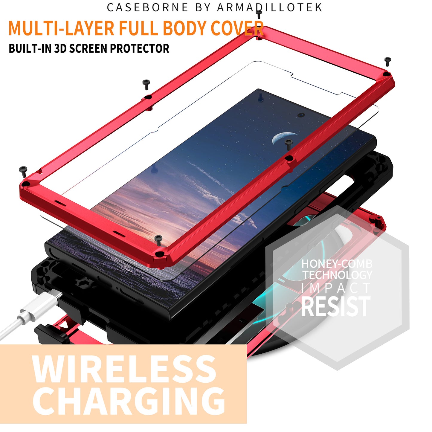 R-JUST For Samsung Galaxy S24 Ultra Case PC+Silicone+Metal Back Cover with Tempered Glass Film - Red