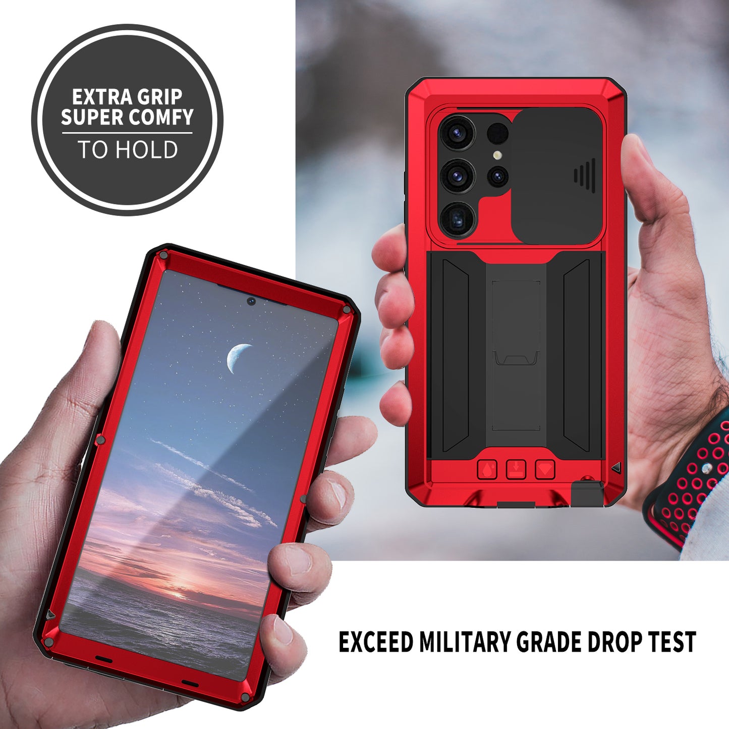 R-JUST For Samsung Galaxy S24 Ultra Case PC+Silicone+Metal Back Cover with Tempered Glass Film - Red