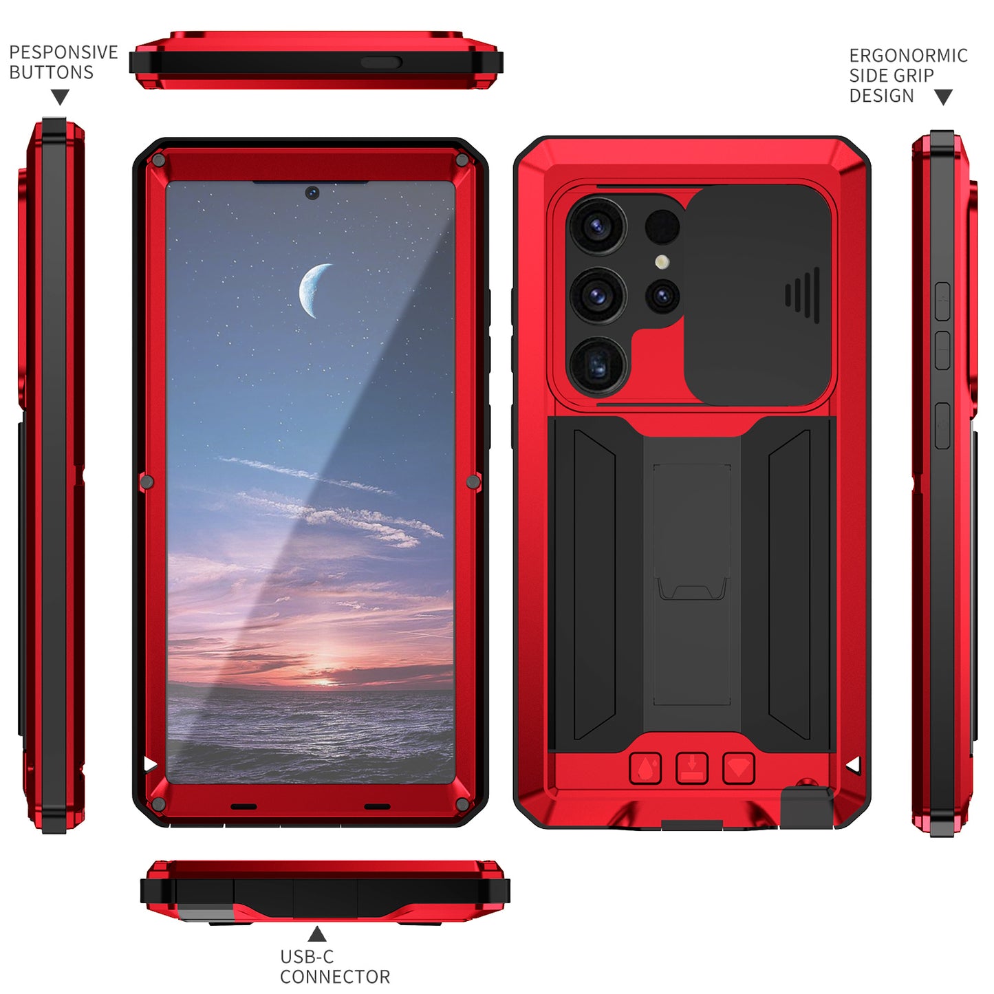 R-JUST For Samsung Galaxy S24 Ultra Case PC+Silicone+Metal Back Cover with Tempered Glass Film - Red