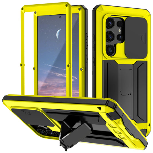R-JUST For Samsung Galaxy S24 Ultra Case PC+Silicone+Metal Back Cover with Tempered Glass Film - Yellow