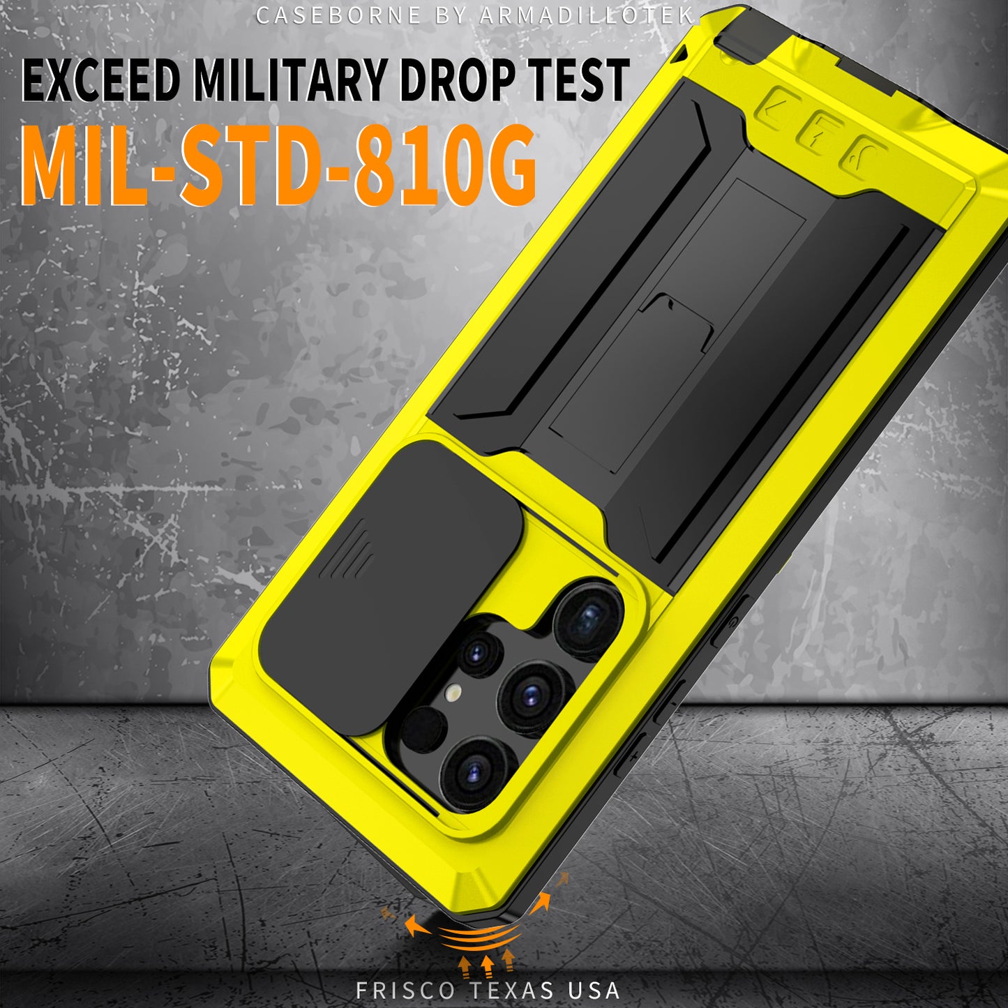 R-JUST For Samsung Galaxy S24 Ultra Case PC+Silicone+Metal Back Cover with Tempered Glass Film - Yellow