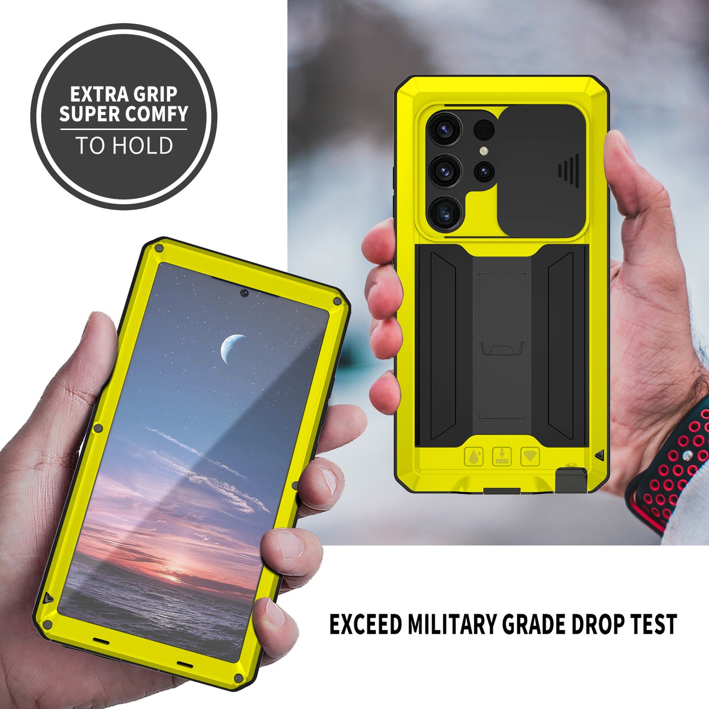 R-JUST For Samsung Galaxy S24 Ultra Case PC+Silicone+Metal Back Cover with Tempered Glass Film - Yellow