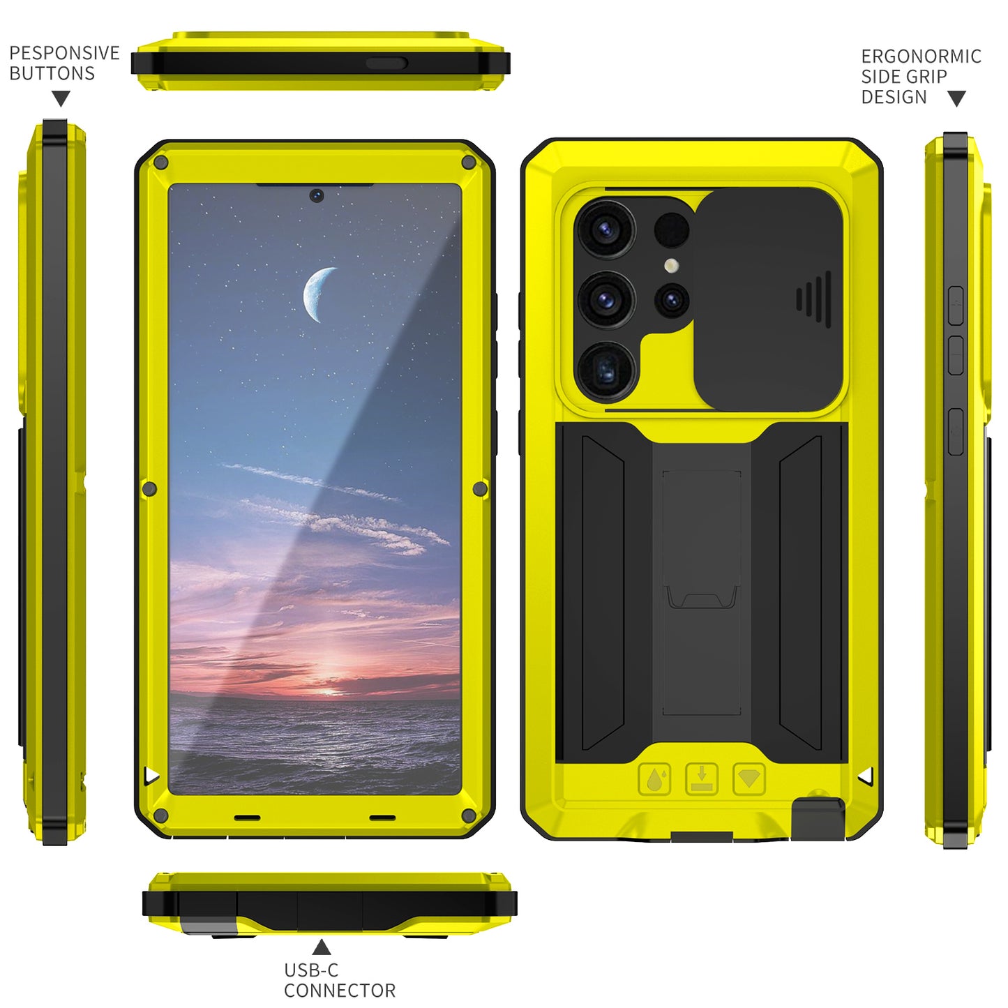 R-JUST For Samsung Galaxy S24 Ultra Case PC+Silicone+Metal Back Cover with Tempered Glass Film - Yellow