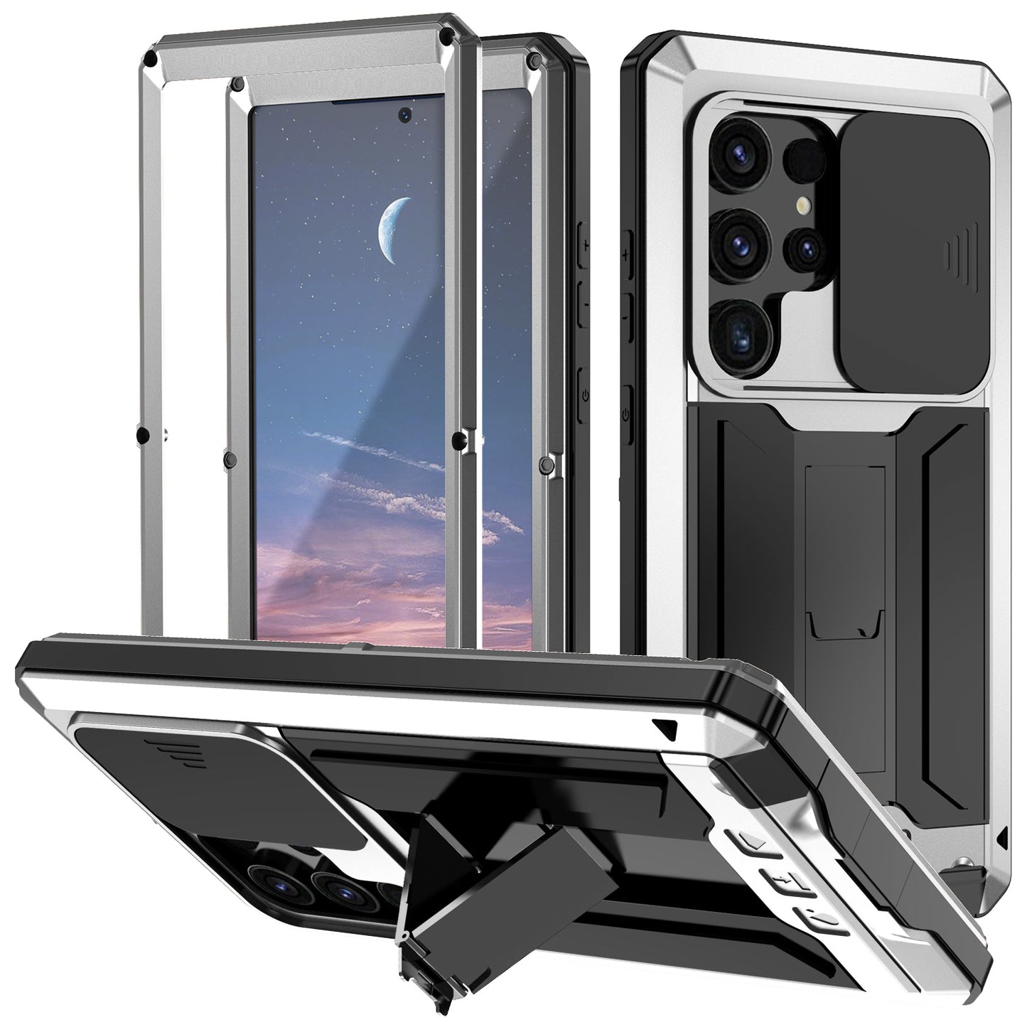 R-JUST For Samsung Galaxy S24 Ultra Case PC+Silicone+Metal Back Cover with Tempered Glass Film - Silver