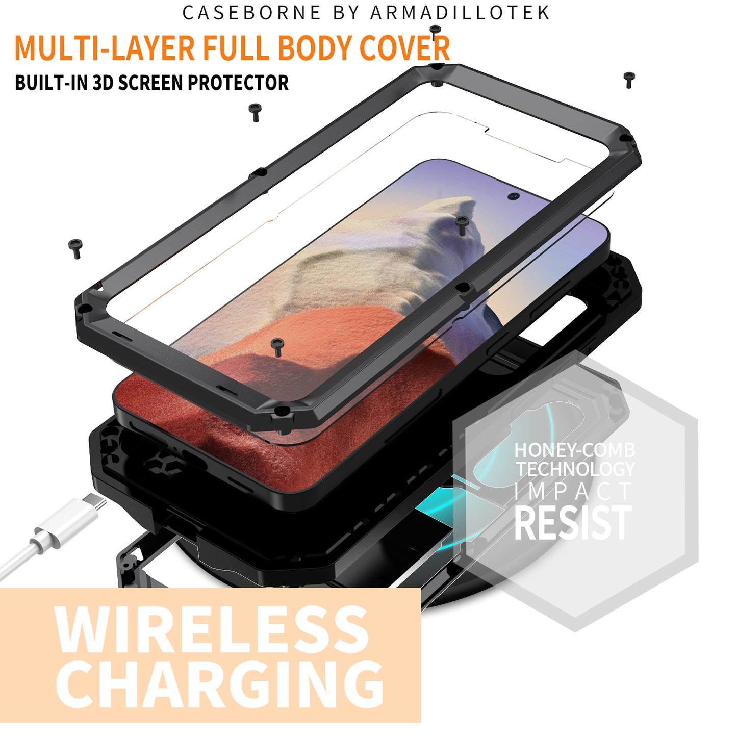 R-JUST For Samsung Galaxy S24 Case PC+Silicone+Metal Back Shell with Slide Camera Lid - Black