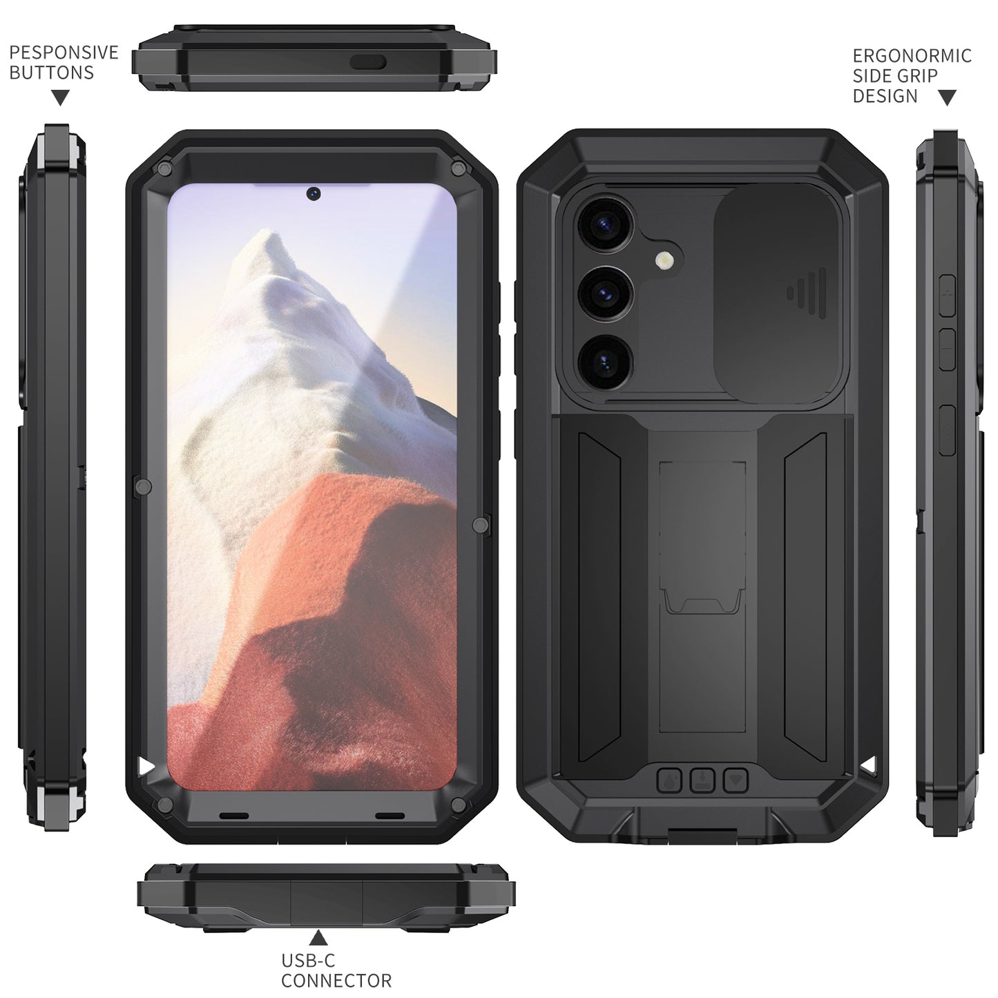 R-JUST For Samsung Galaxy S24 Case PC+Silicone+Metal Back Shell with Slide Camera Lid - Black