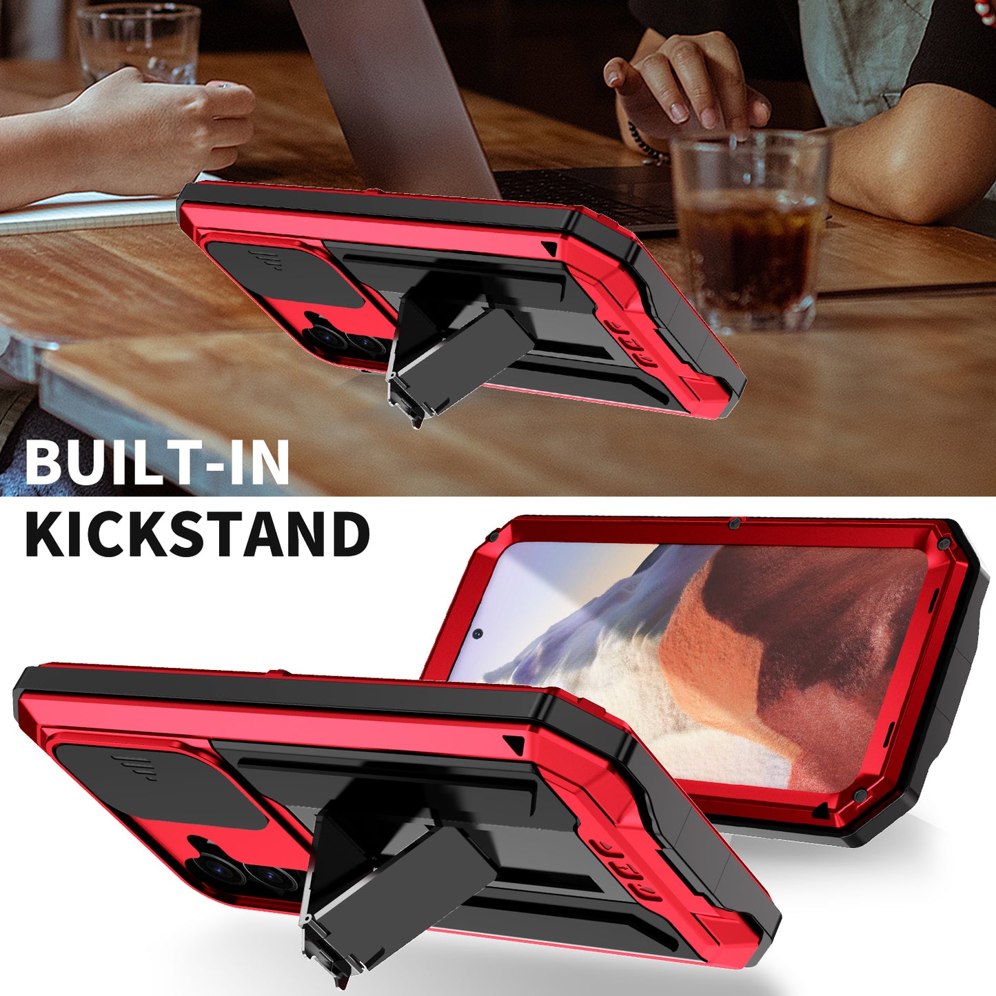 R-JUST For Samsung Galaxy S24 Case PC+Silicone+Metal Back Shell with Slide Camera Lid - Red