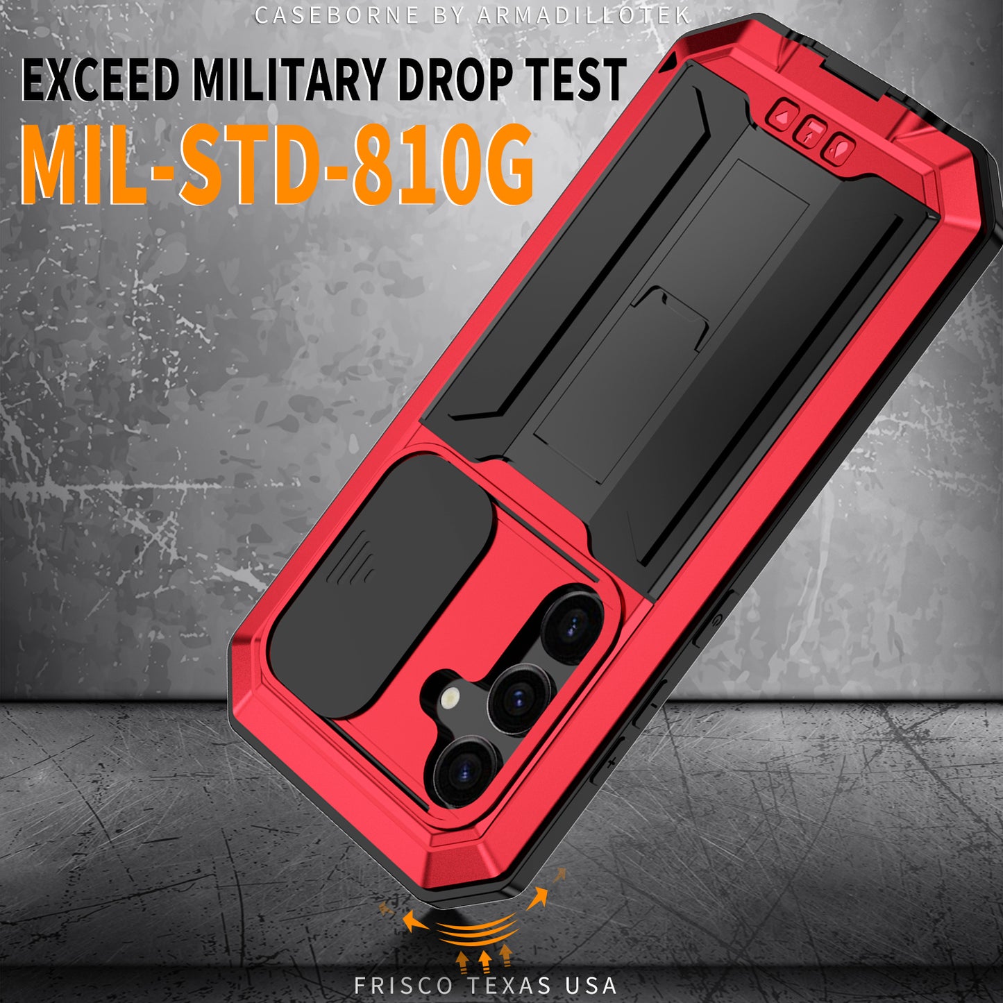 R-JUST For Samsung Galaxy S24 Case PC+Silicone+Metal Back Shell with Slide Camera Lid - Red