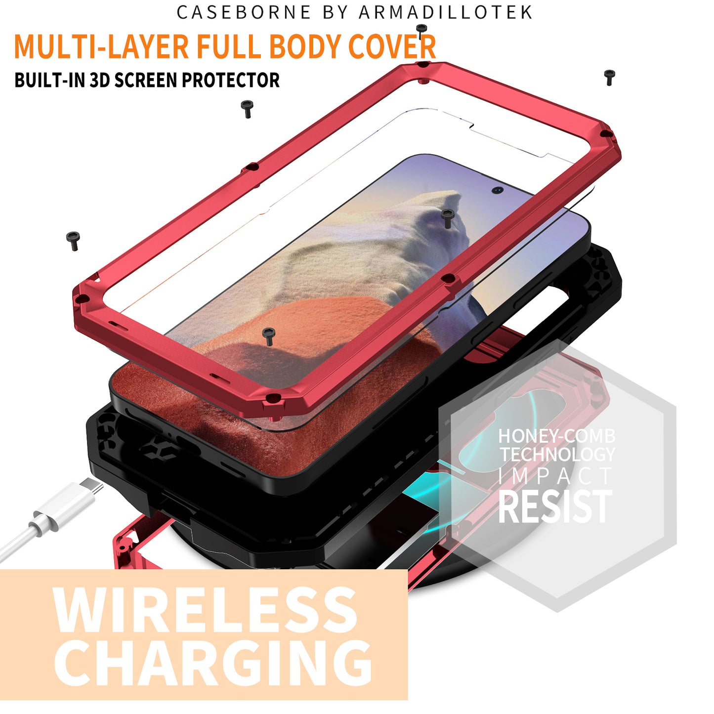 R-JUST For Samsung Galaxy S24 Case PC+Silicone+Metal Back Shell with Slide Camera Lid - Red