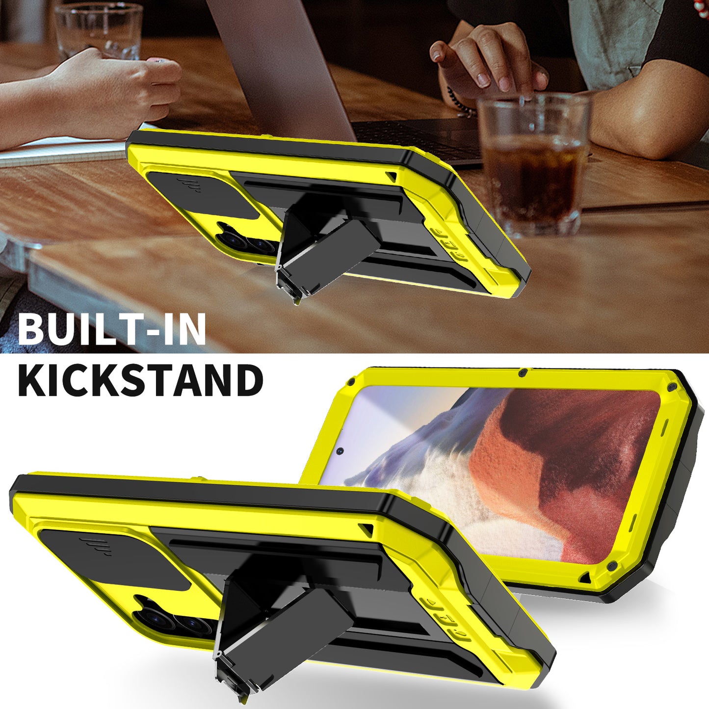 R-JUST For Samsung Galaxy S24 Case PC+Silicone+Metal Back Shell with Slide Camera Lid - Yellow