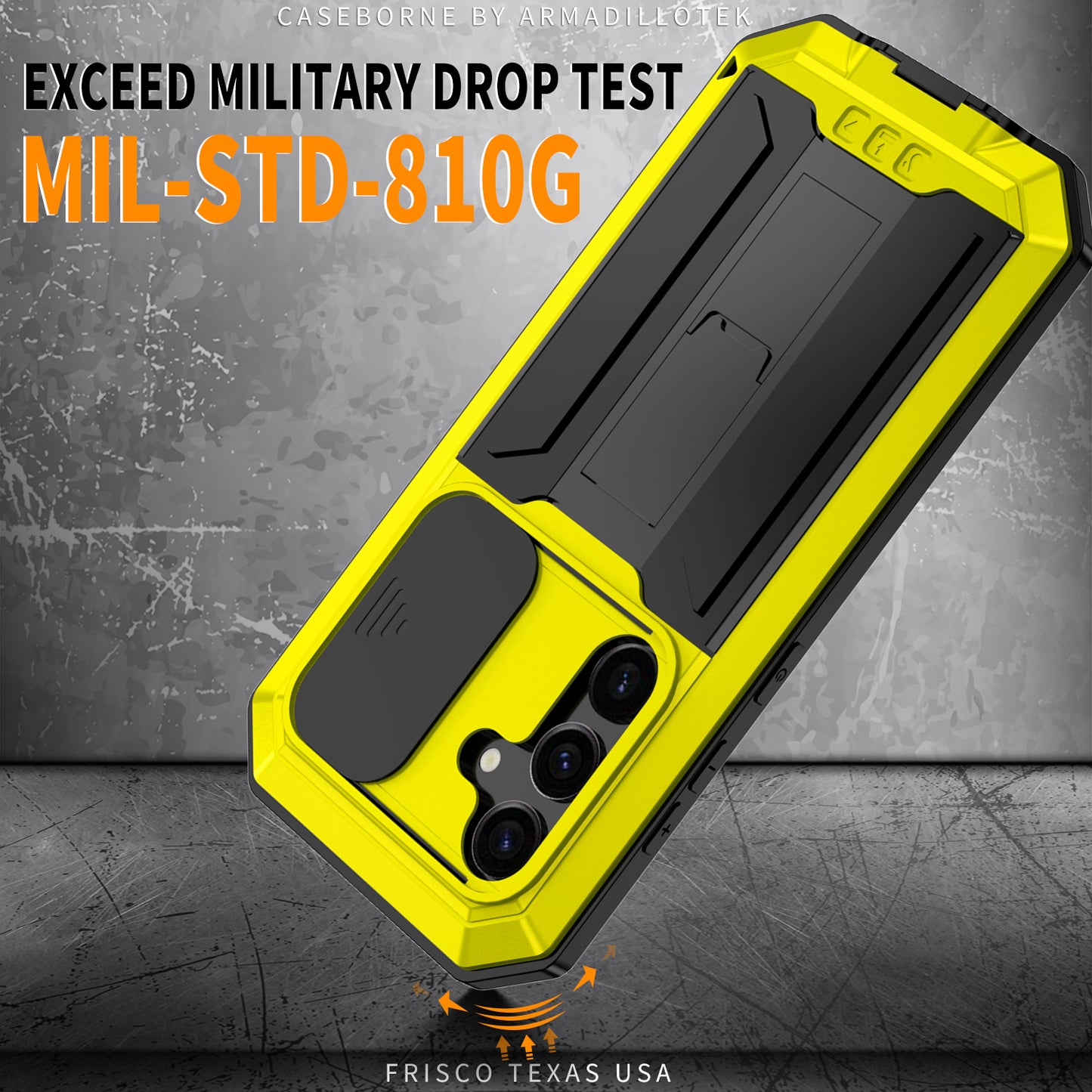 R-JUST For Samsung Galaxy S24 Case PC+Silicone+Metal Back Shell with Slide Camera Lid - Yellow