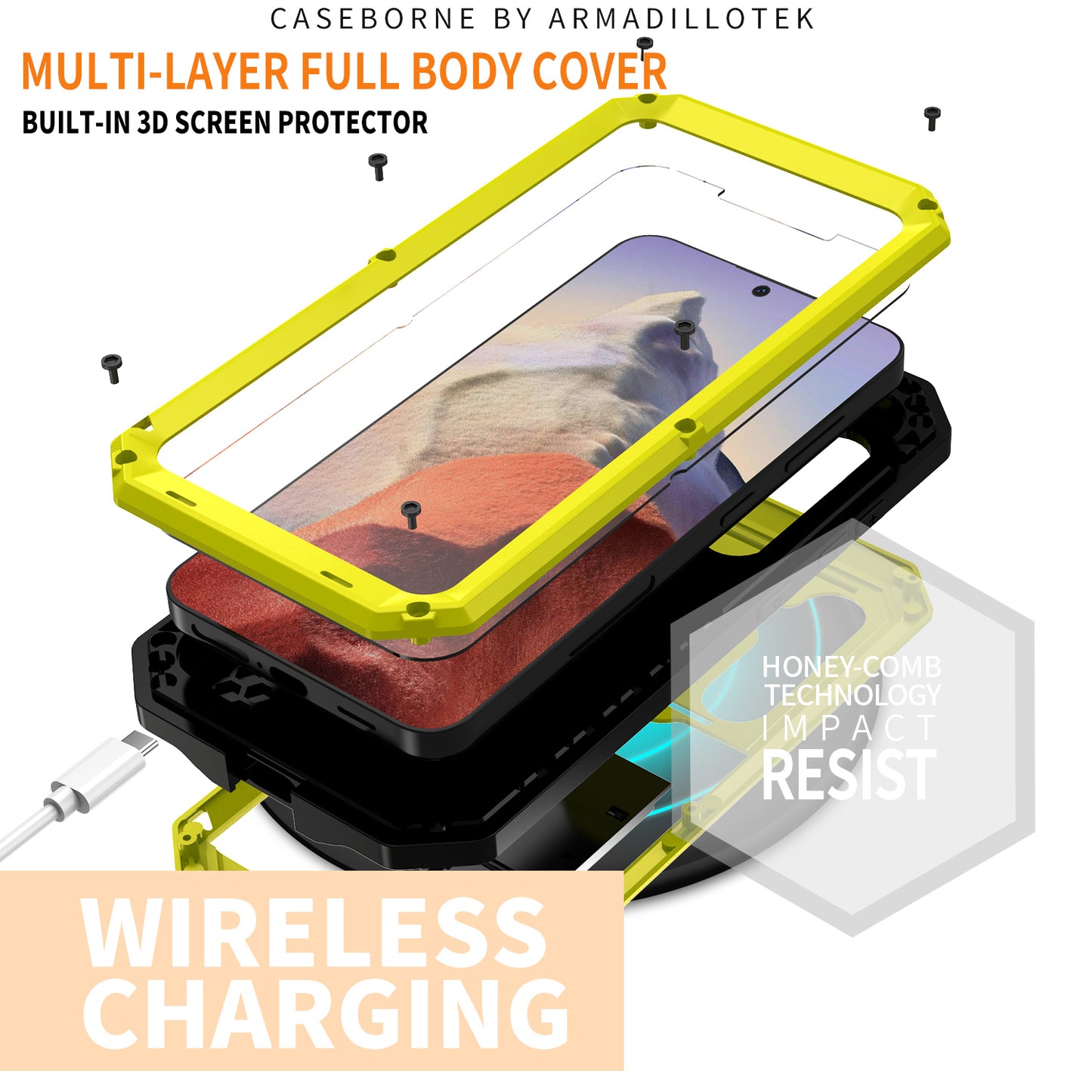 R-JUST For Samsung Galaxy S24 Case PC+Silicone+Metal Back Shell with Slide Camera Lid - Yellow