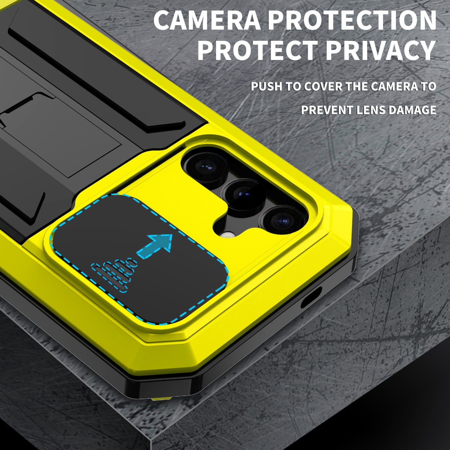 R-JUST For Samsung Galaxy S24 Case PC+Silicone+Metal Back Shell with Slide Camera Lid - Yellow
