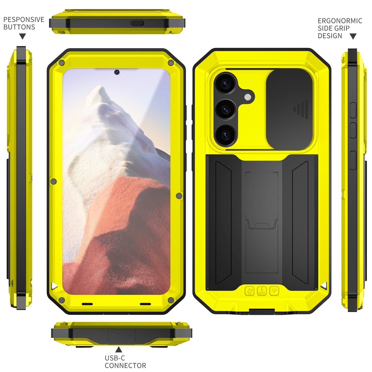 R-JUST For Samsung Galaxy S24 Case PC+Silicone+Metal Back Shell with Slide Camera Lid - Yellow